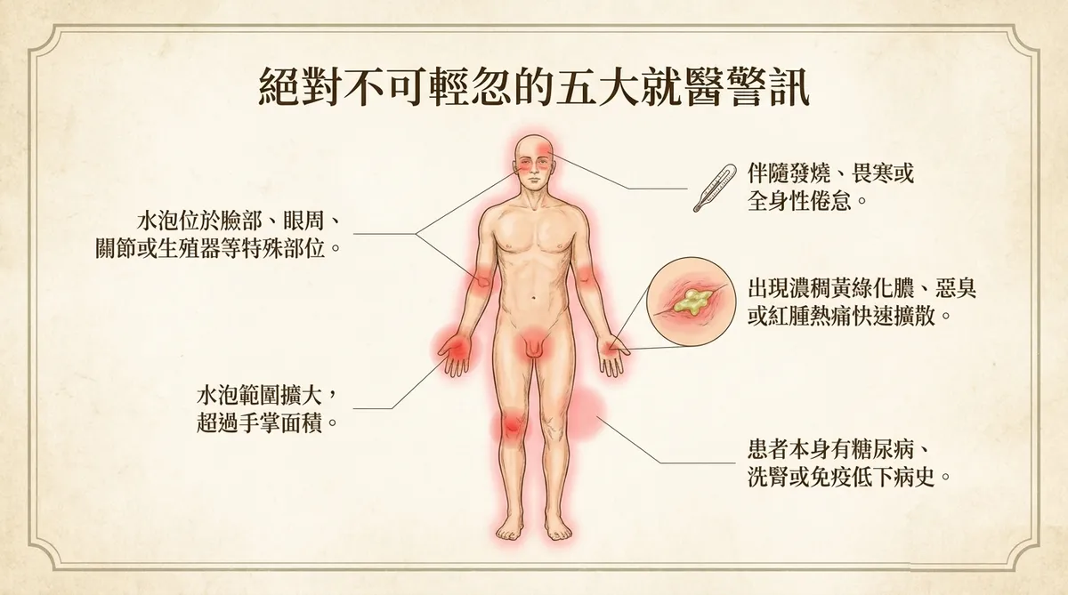 絕對不可輕忽的五大就醫警訊人體部位與症狀示意圖