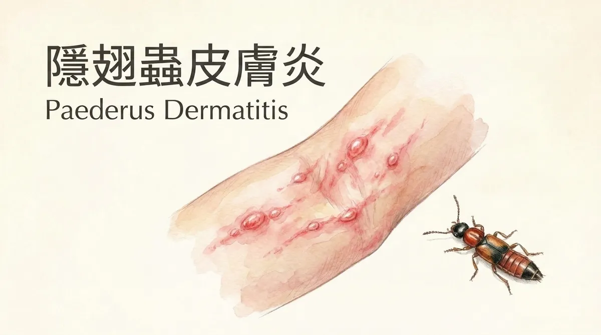 隱翅蟲皮膚炎臨床特徵示意圖:呈現線狀紅斑與接觸性發炎水泡