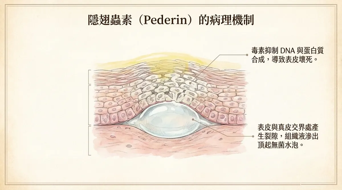 Pederin 毒素作用於表皮細胞與水泡形成病理示意圖