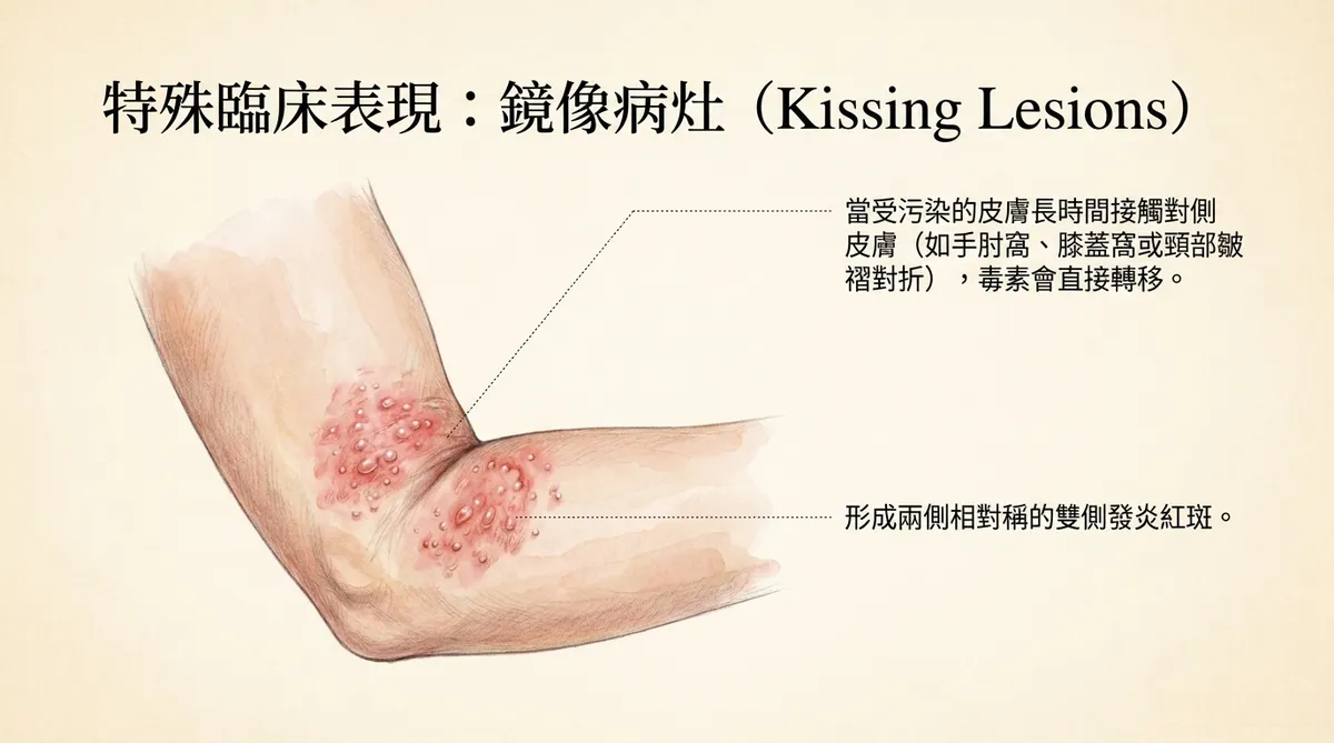隱翅蟲皮膚炎特殊臨床表現:雙側對稱之鏡像病灶 Kissing Lesions