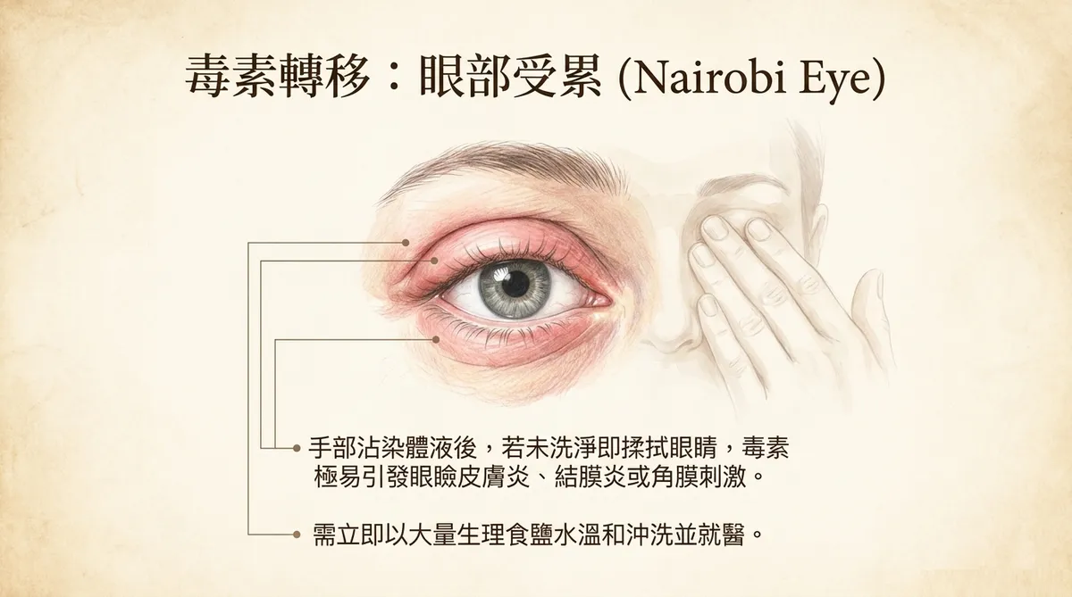 毒素轉移導致眼部受累 Nairobi Eye 示意圖