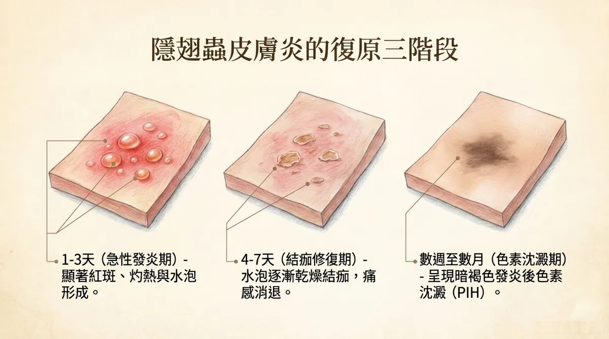 隱翅蟲皮膚炎復原三階段:急性發炎期、結痂修復期、色素沈澱期