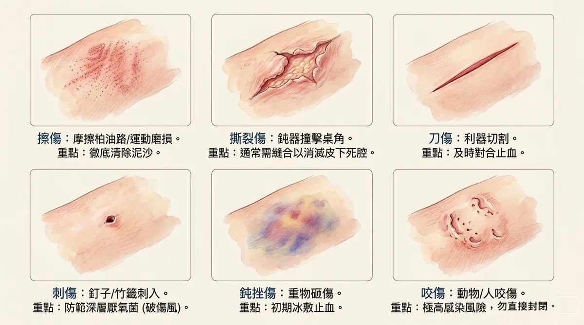 六大外傷類型分類對照:擦傷、撕裂傷、刀傷、刺傷、鈍挫傷、咬傷處置重點