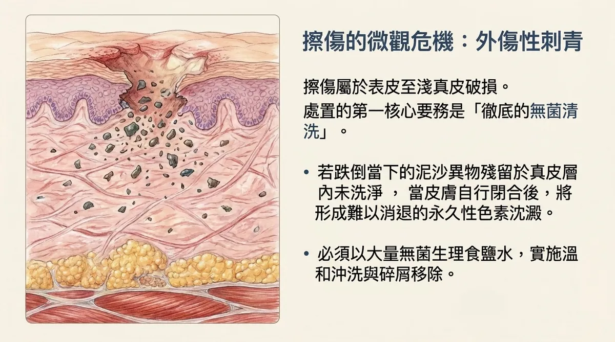 擦傷的微觀危機:外傷性刺青與泥沙異物殘留原理