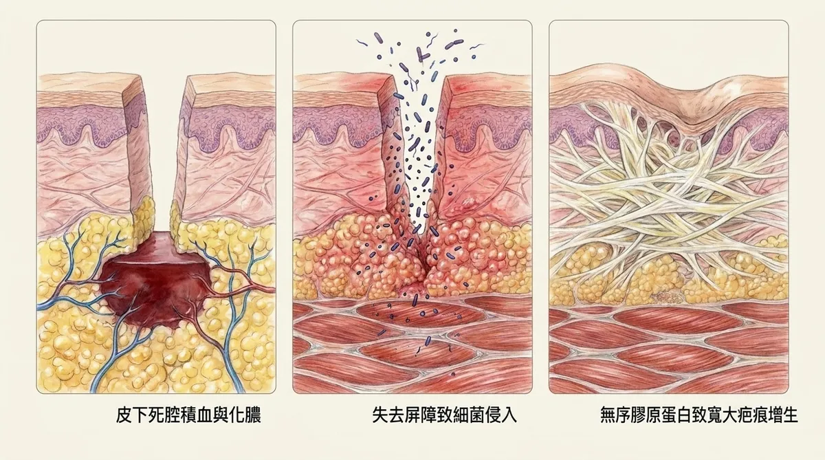 傷口不縫的代價:皮下死腔積血化膿、失去屏障致細菌侵入、無序膠原蛋白致寬大疤痕增生