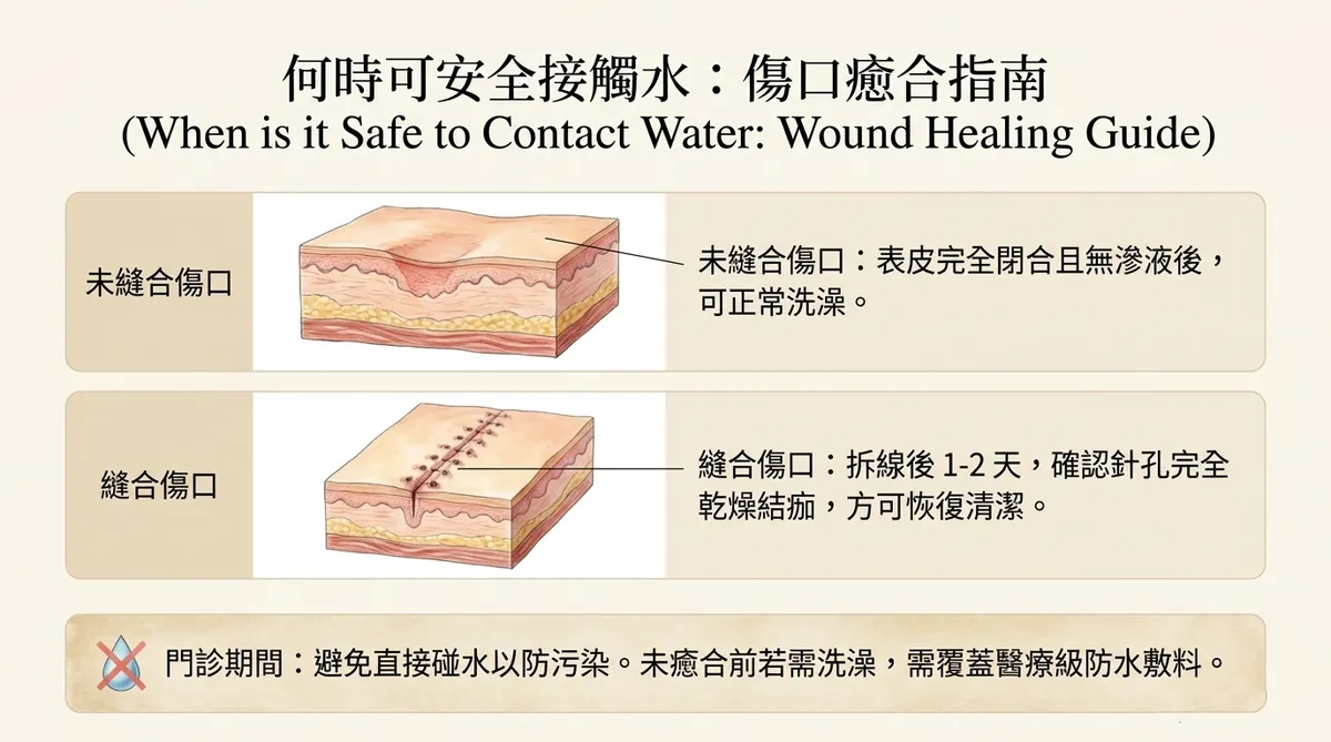 何時可安全接觸水:未縫合傷口與縫合傷口之洗澡碰水指南