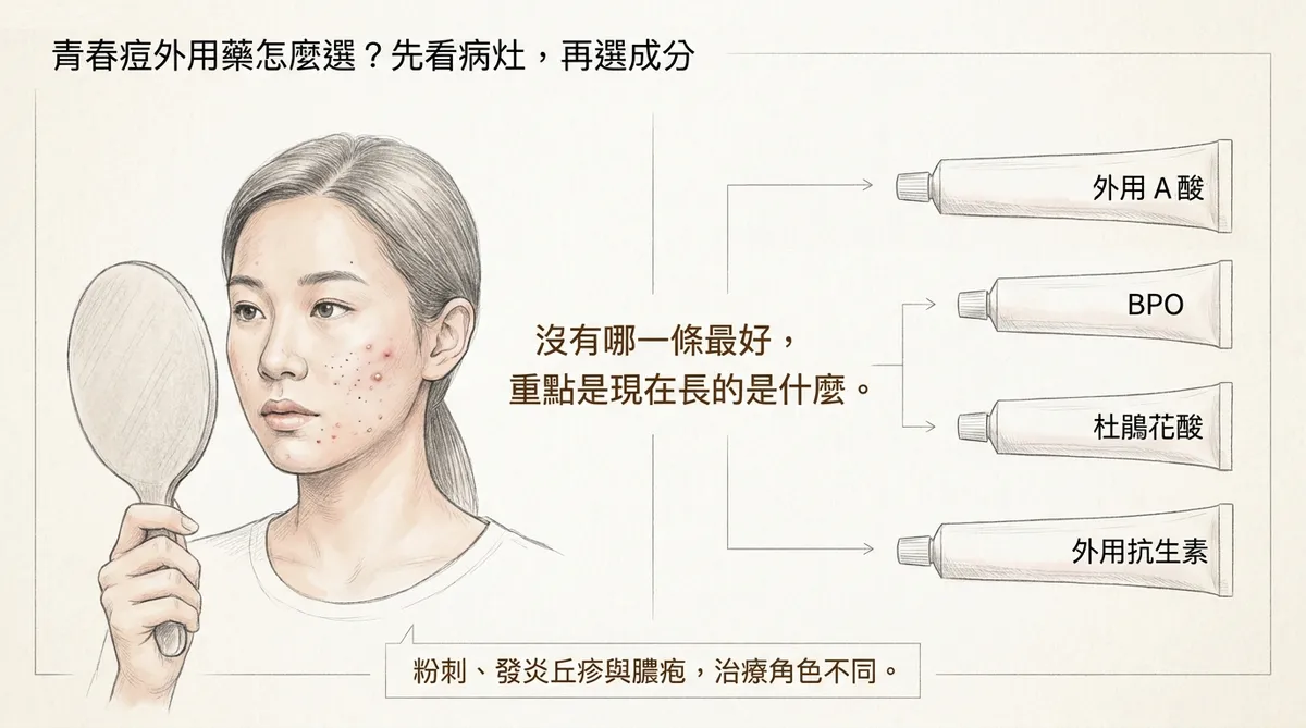 青春痘外用藥選擇總覽:依粉刺、發炎丘疹與膿疱病灶選擇外用A酸、BPO、杜鵑花酸或外用抗生素