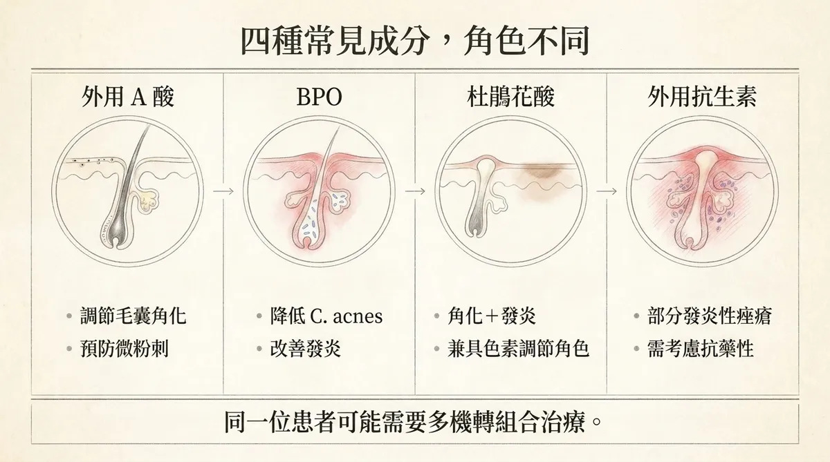 青春痘四大外用藥角色比較:外用A酸、BPO、杜鵑花酸與外用抗生素作用機轉與治療重點
