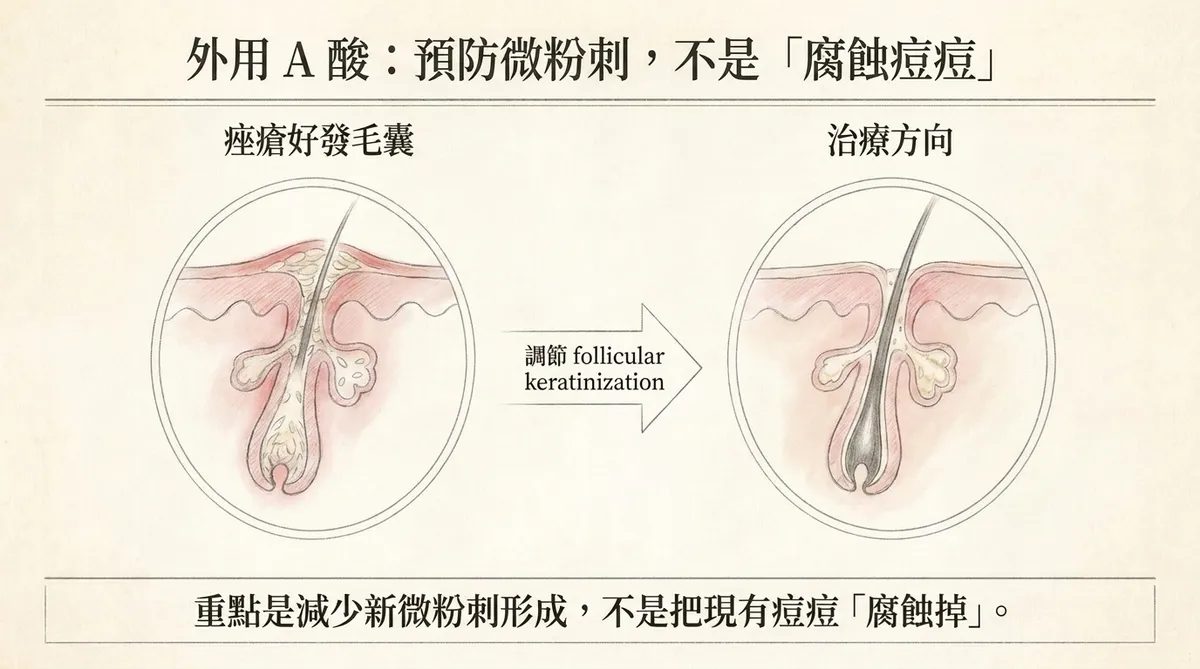 外用A酸治療痤瘡機轉:調節毛囊角化並減少新微粉刺形成,而非直接腐蝕既有痘痘
