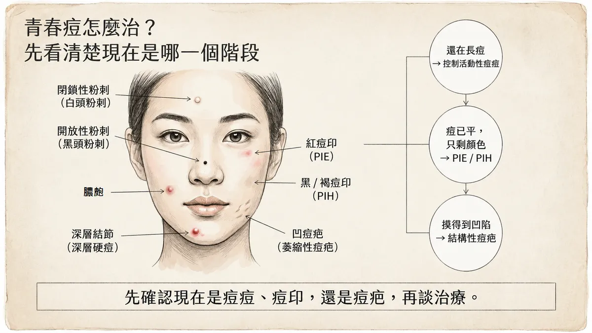 青春痘處理五大核心觀念:區分粉刺、發炎痘、痘印與凹痘疤,依病灶階段選擇治療