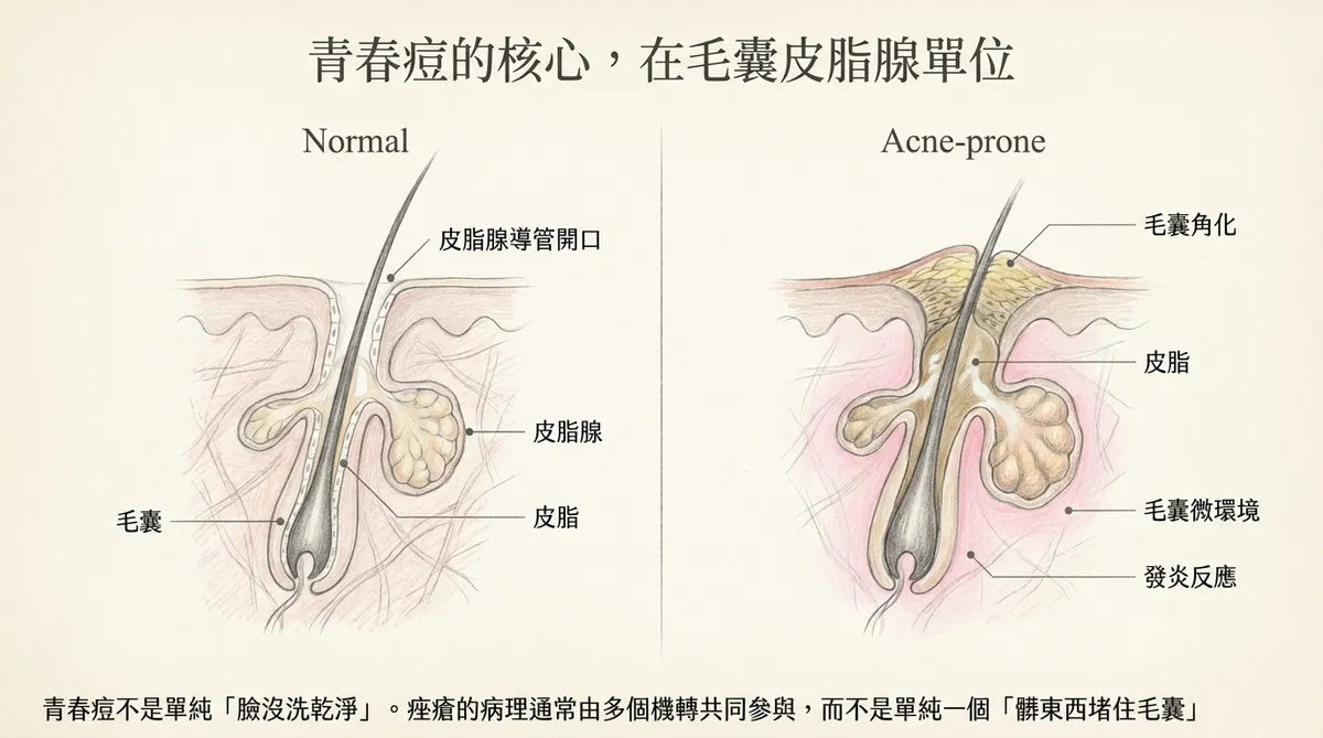 青春痘階段分流:區分白頭黑頭粉刺、膿疱、深層結節、紅黑痘印與結構性凹痘疤