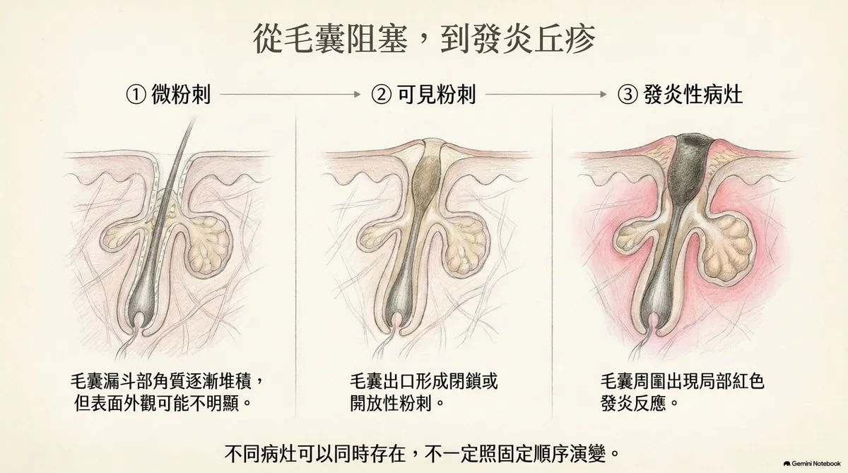青春痘毛囊皮脂腺單位示意:正常毛囊與痤瘡傾向毛囊之角化、皮脂微環境與發炎差異