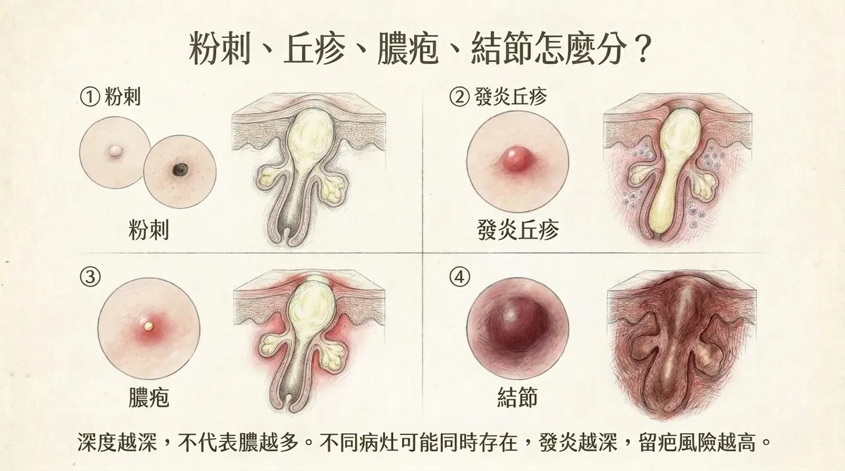 青春痘病灶形成示意:毛囊角化阻塞形成微粉刺與可見粉刺,並可伴隨毛囊周圍發炎