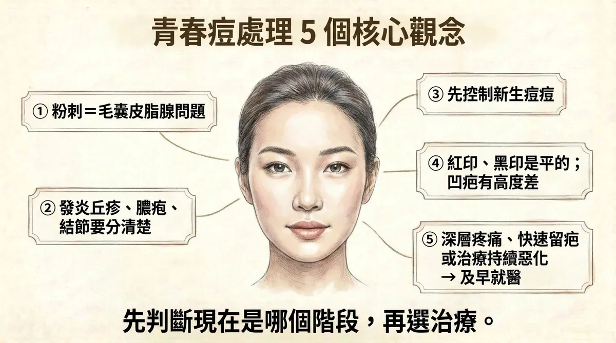 青春痘病灶分類:粉刺、發炎丘疹、膿疱與深層結節之外觀及毛囊發炎深度比較