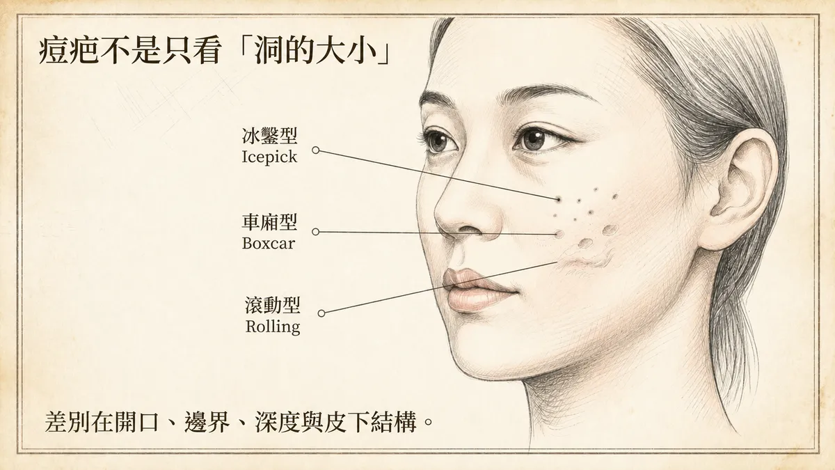 滾動型凹痘疤剖面示意:表面呈寬而緩斜的波浪起伏,部分病灶可合併皮下纖維牽拉