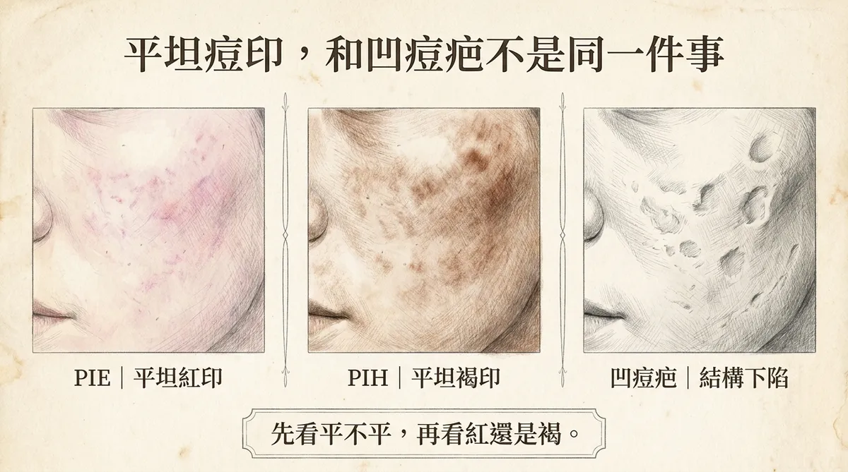 滾動型凹痘疤皮下牽拉示意:部分Rolling scar具有真皮至皮下纖維性tethering