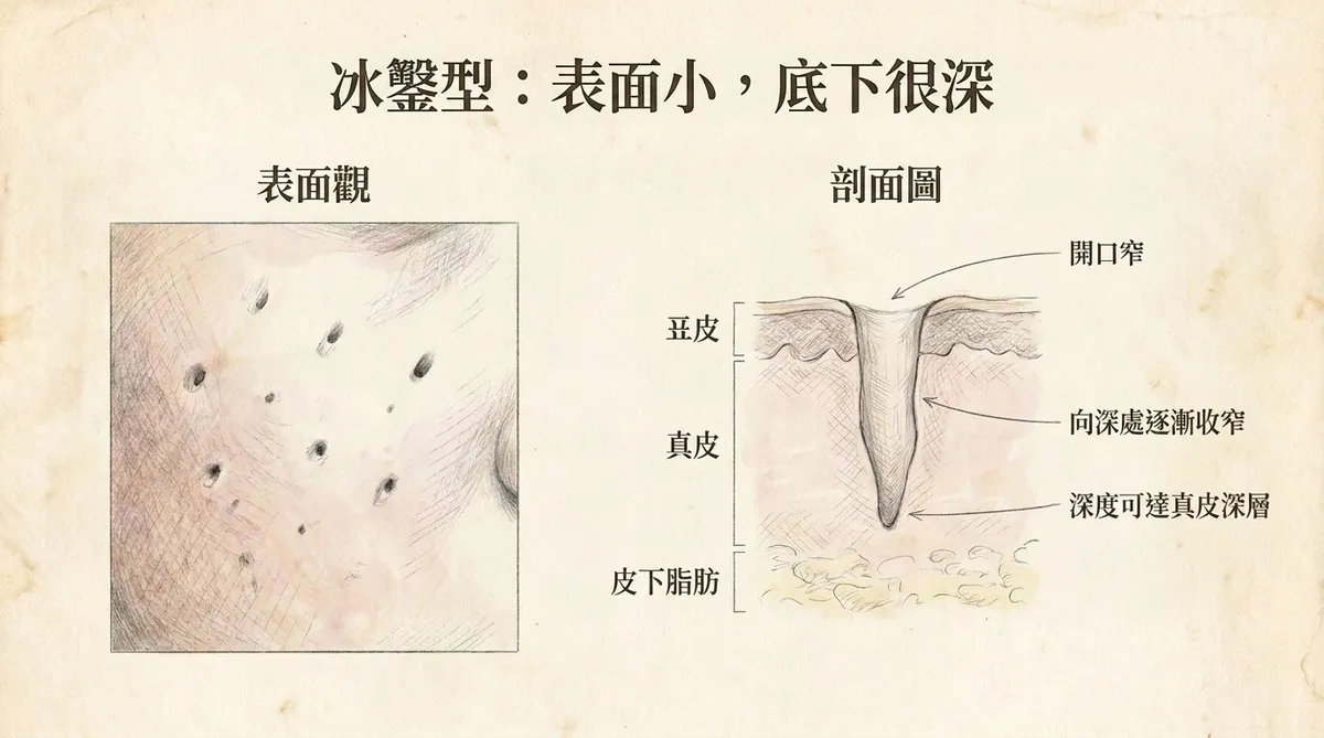 冰鑿型凹痘疤表面與剖面示意:表面開口小而狹窄,但缺損可垂直延伸至真皮深層