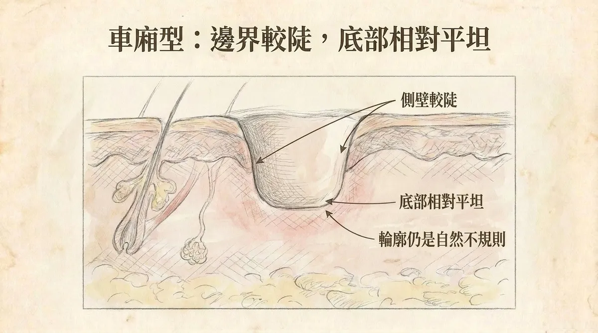 車廂型凹痘疤剖面示意:側壁較陡且底部相對平坦,形成較清楚但可自然不規則的凹陷邊界