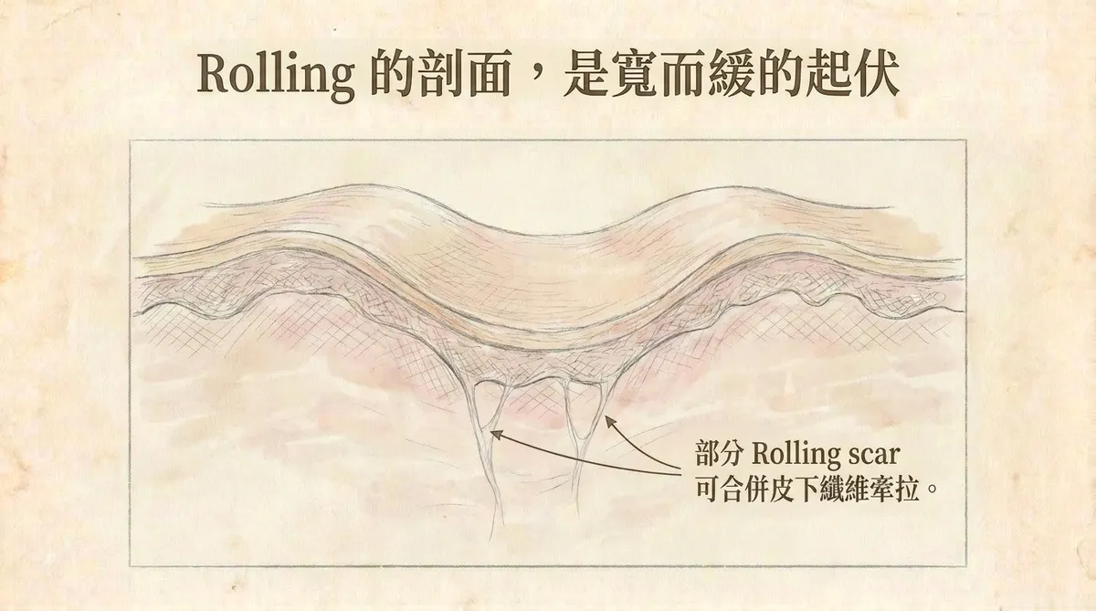 滾動型凹痘疤剖面與皮下牽拉示意:部分Rolling scar合併真皮至皮下纖維性黏連