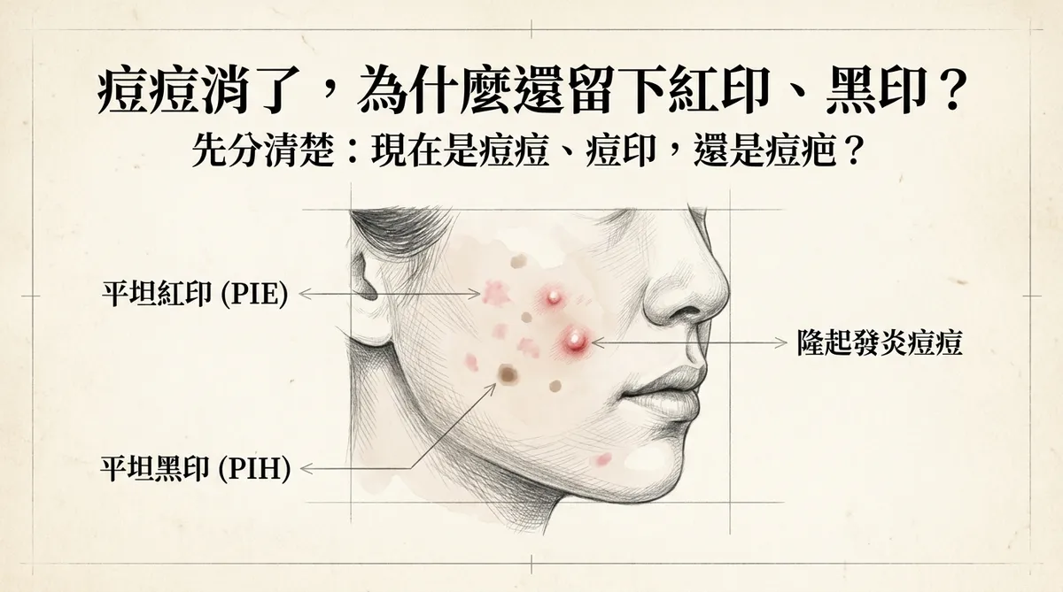 痘印過度去角質示意:疊加酸類與強力去角質可能破壞皮膚屏障並加重發炎後色素沉著PIH