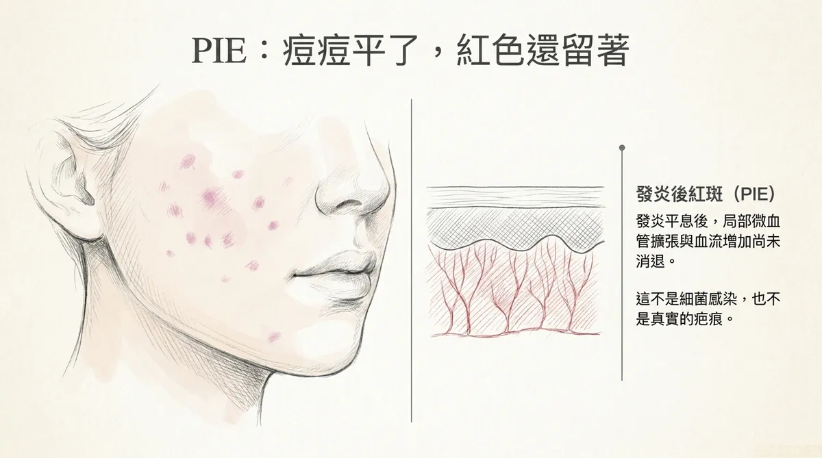 青春痘與痘印初步鑑別:活動性發炎痘痘呈隆起,PIE紅痘印及PIH黑痘印則主要為平坦顏色變化