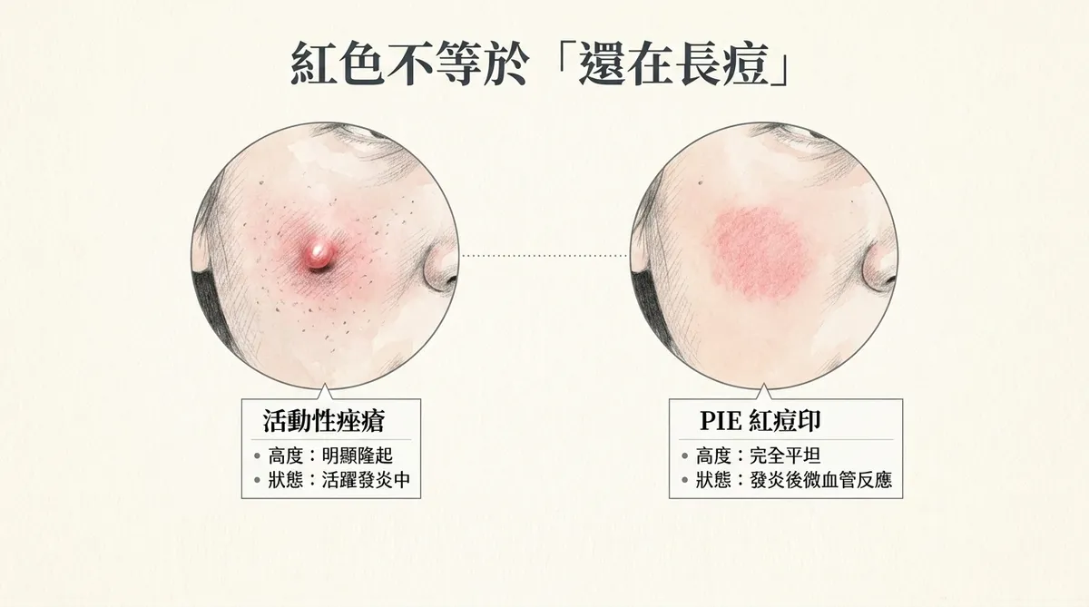 發炎後紅斑PIE示意:痘痘消退後表面已平坦,但發炎後微血管反應仍可留下粉紅或紫紅色印記