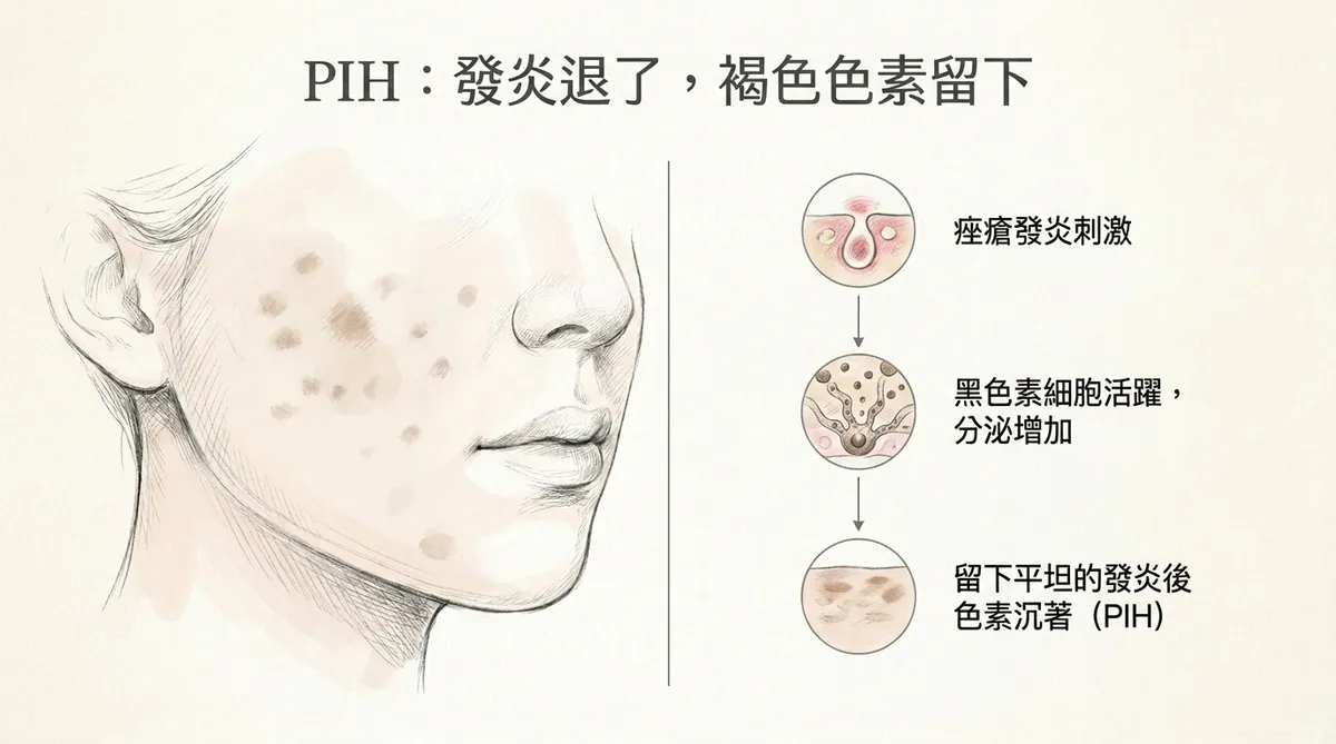 活動性青春痘與PIE紅痘印比較:發炎痘痘具有隆起高度,PIE則為完全平坦的紅色印記