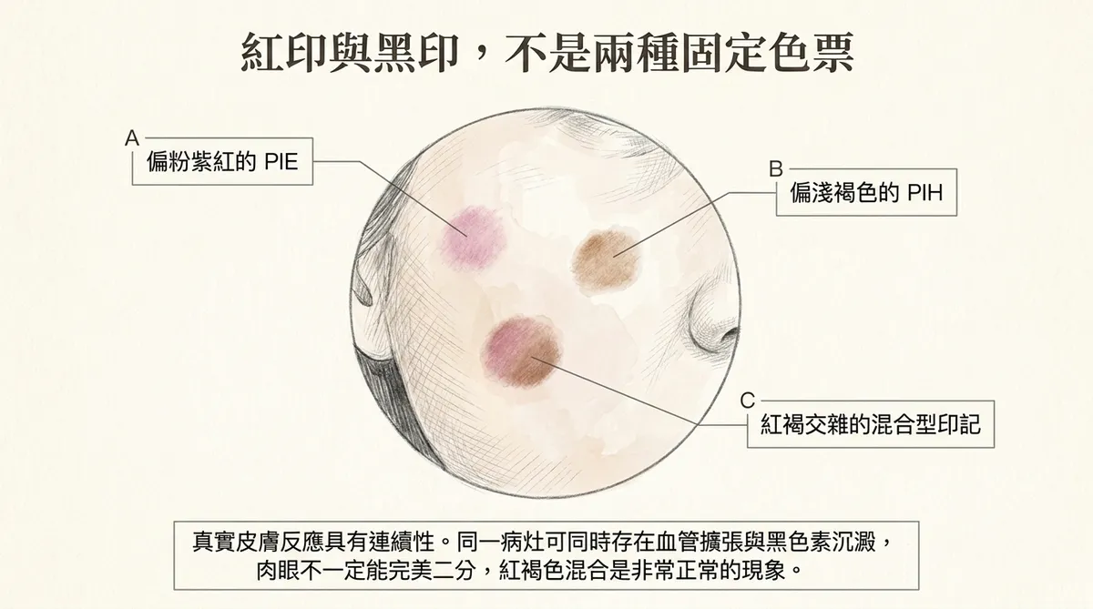 發炎後色素沉著PIH形成示意:青春痘發炎刺激黑色素細胞後,局部可留下平坦褐色色素沉著