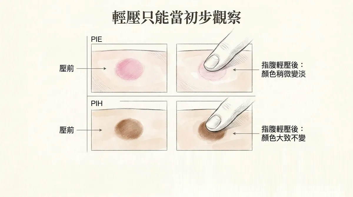 PIE與PIH顏色變化示意:紅痘印可偏粉紫,黑痘印可偏淺褐,同一病灶也可能呈紅褐混合色調