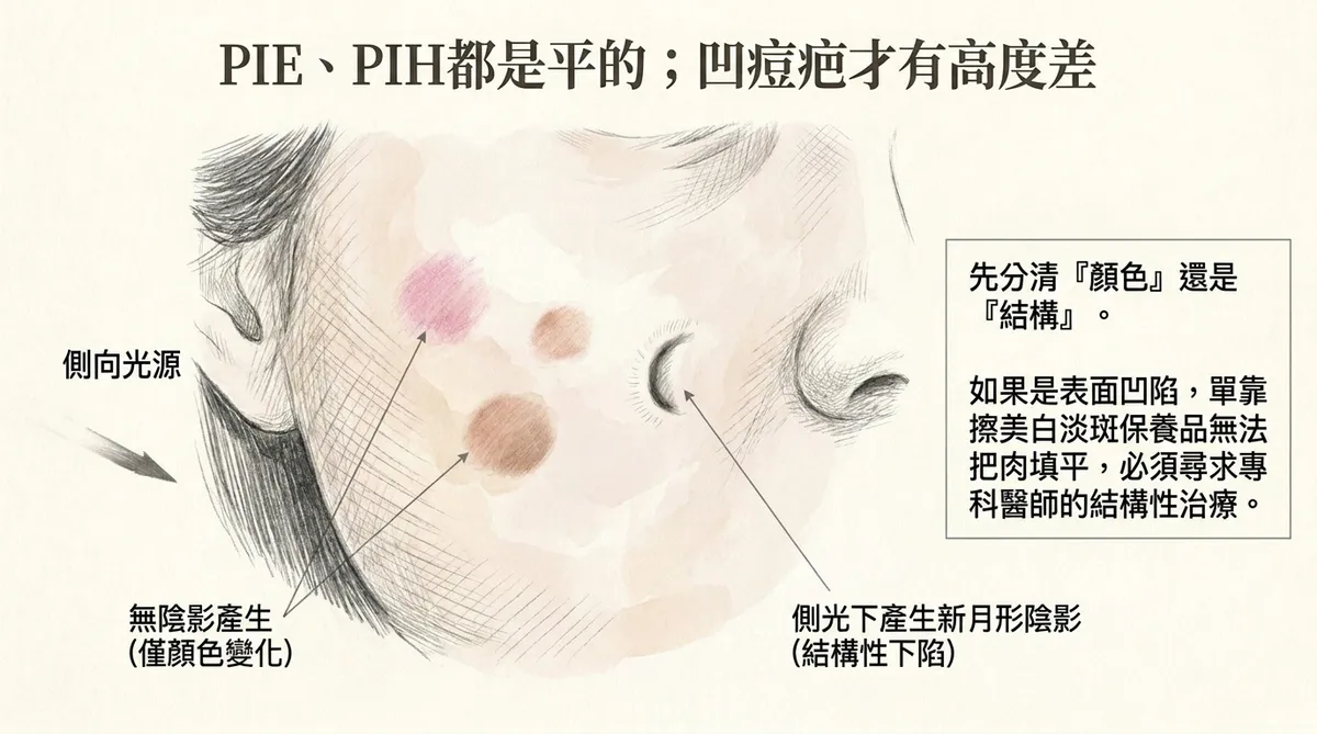 PIE與PIH輕壓觀察示意:部分血管性紅痘印輕壓後可能暫時變淡,而色素沉著通常顏色變化較少