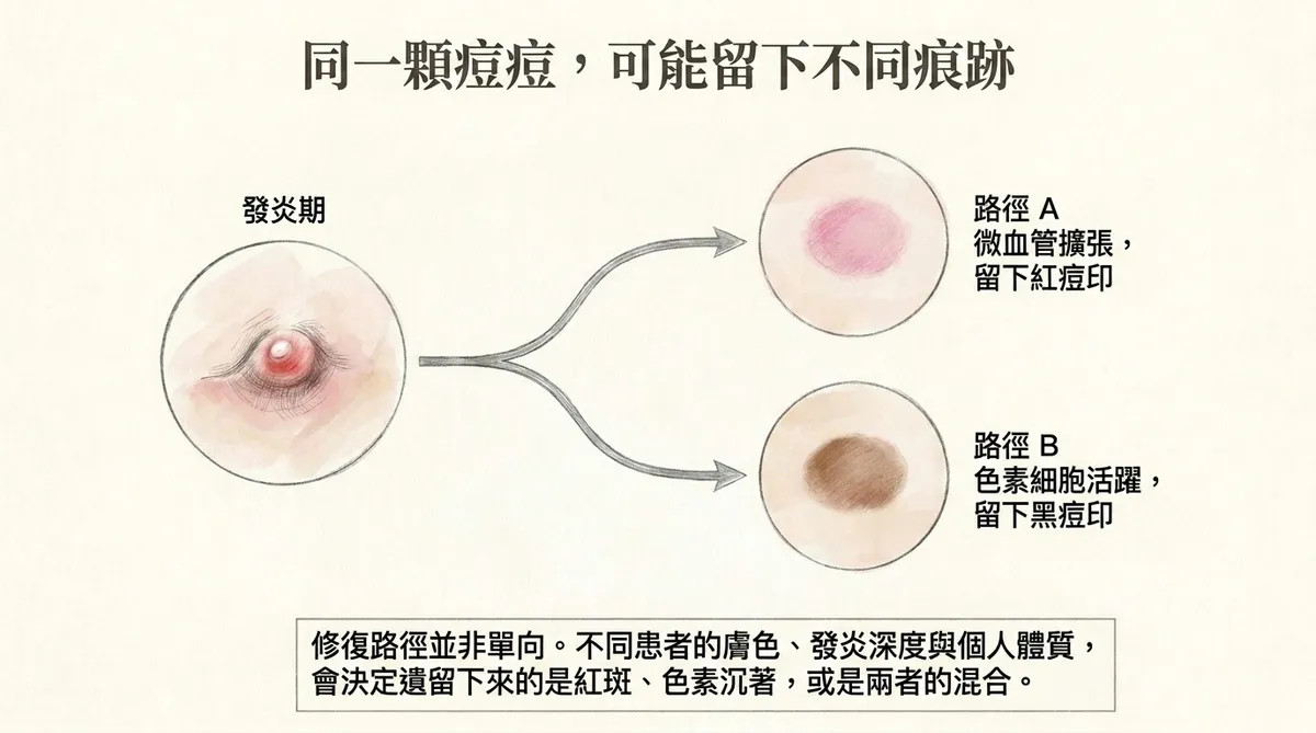PIE、PIH與凹痘疤側光比較:紅黑痘印主要是平坦顏色變化,萎縮性凹痘疤則具有結構性高度差