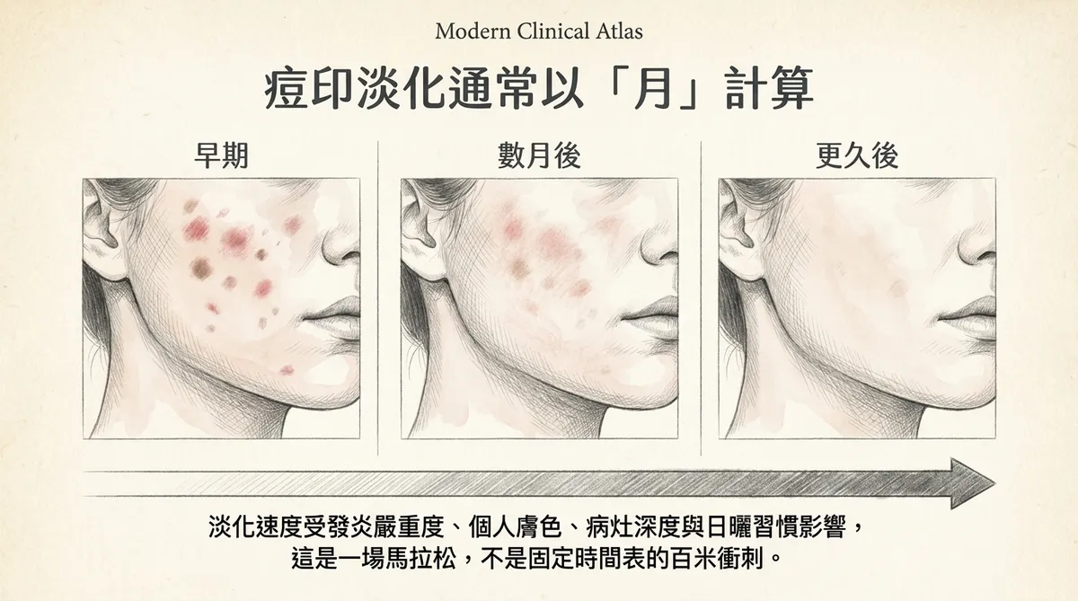 同一青春痘形成不同痘印示意:發炎後可能經微血管反應形成PIE,也可能經黑色素活化形成PIH
