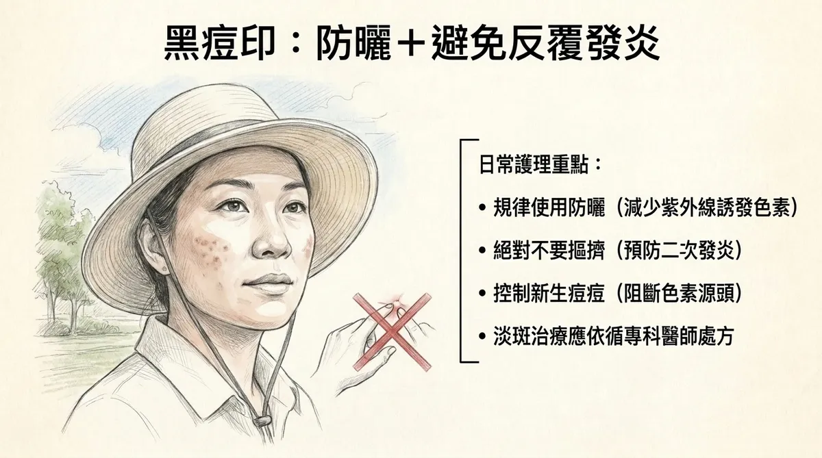 紅痘印PIE日常照護示意:減少新生發炎、避免熱水與摩擦刺激並溫和保濕修復皮膚屏障