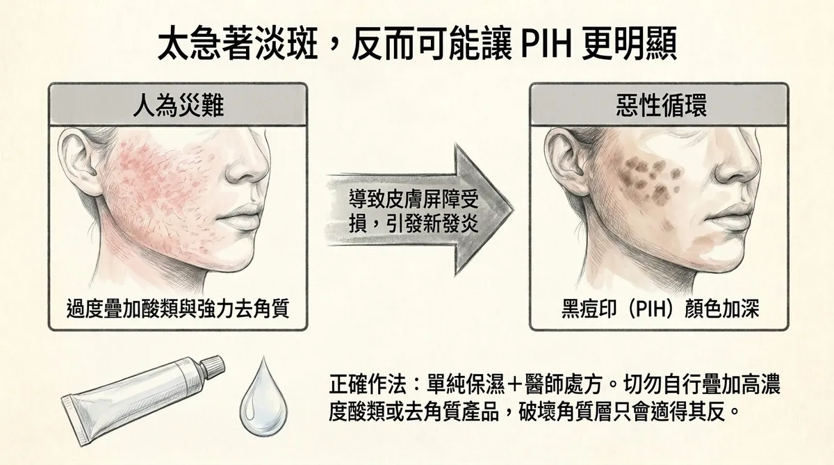 黑痘印PIH日常照護示意:規律防曬、避免摳抓與反覆發炎、控制新生青春痘並依醫囑使用淡斑治療