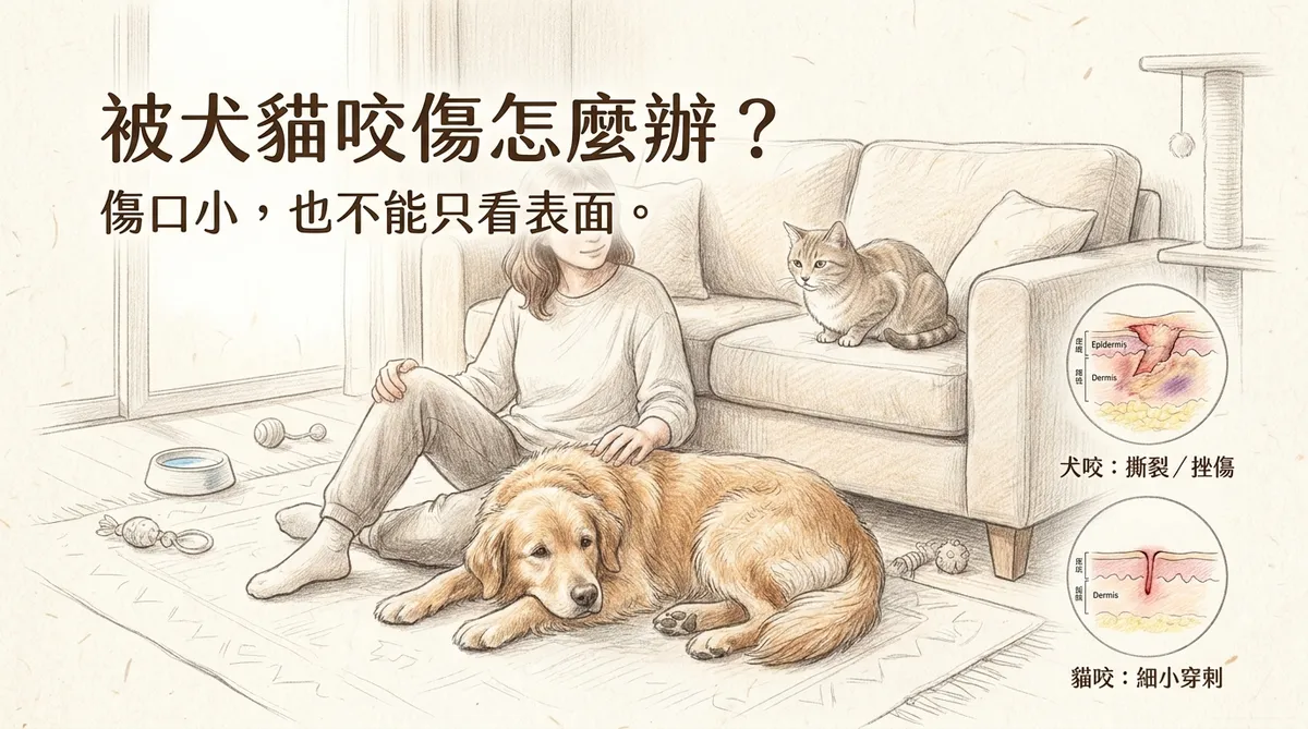 犬貓咬傷傷口型態比較:狗咬可能造成撕裂與挫傷,貓咬表面小孔仍可能形成深部穿刺傷