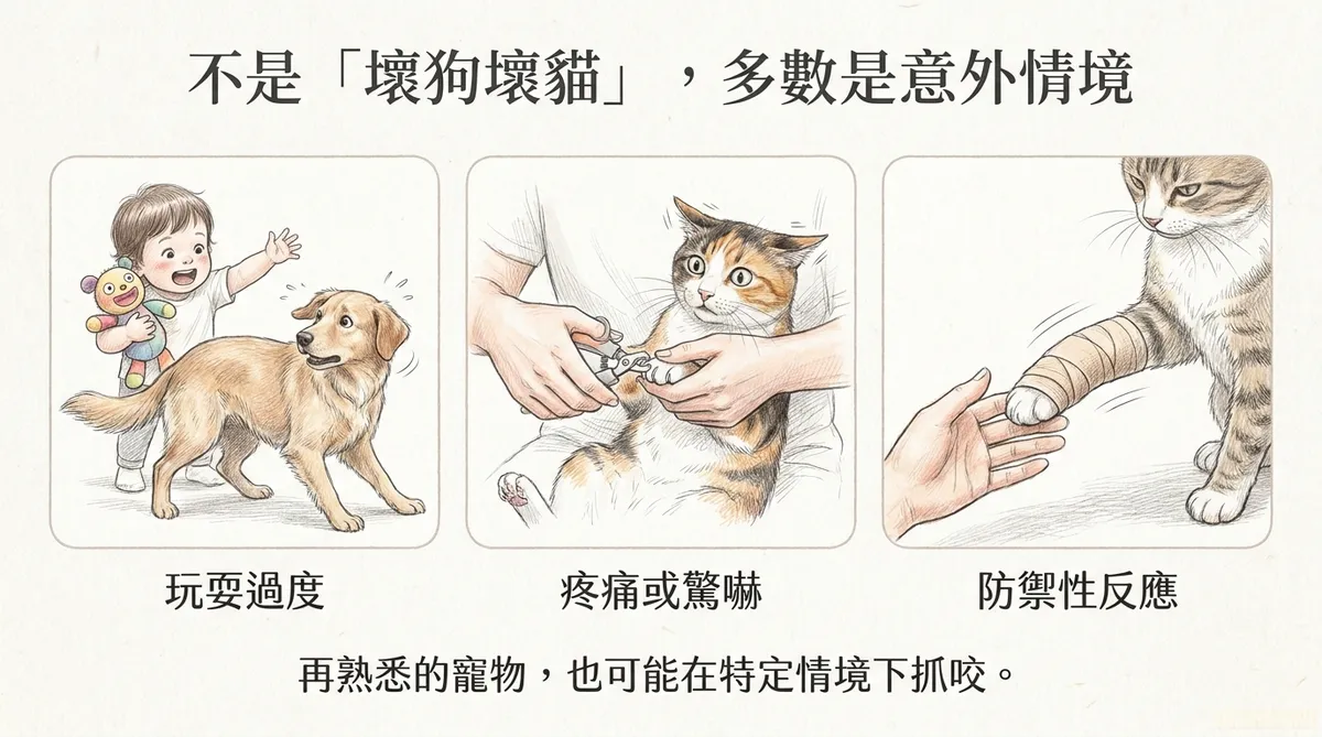 犬貓抓咬常見意外情境:玩耍過度、疼痛驚嚇及防禦性反應都可能造成抓咬傷