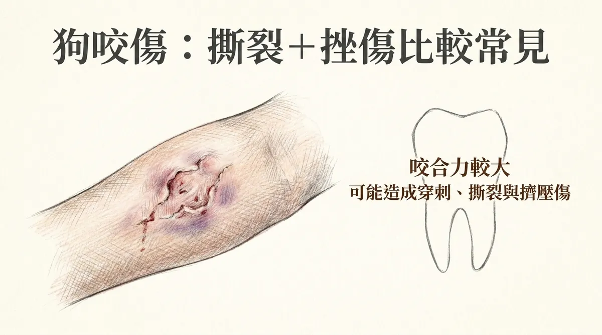狗咬傷傷口型態:較強咬合力可能同時造成穿刺、撕裂、擠壓與挫傷