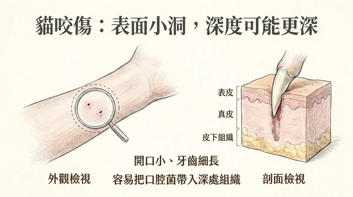 貓咬傷深部穿刺示意：表面破口雖小，細長牙齒仍可能深入真皮與皮下組織