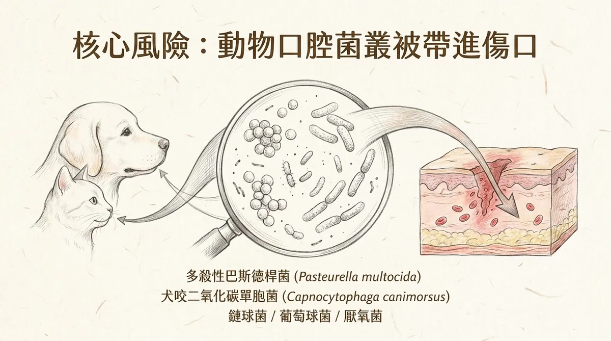 犬貓咬傷感染機轉:動物口腔菌叢進入傷口,包括巴斯德氏菌、Capnocytophaga及其他混合菌株