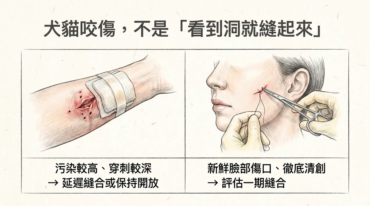 犬貓咬傷縫合評估:污染或深部四肢傷口可能延遲關閉,新鮮臉部傷口清創後可評估一期縫合