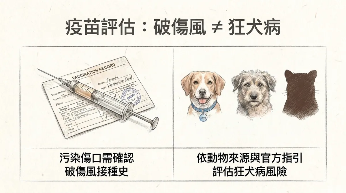 犬貓咬傷疫苗評估:污染傷口須確認破傷風接種史,狂犬病則依動物來源與暴露指引分別評估