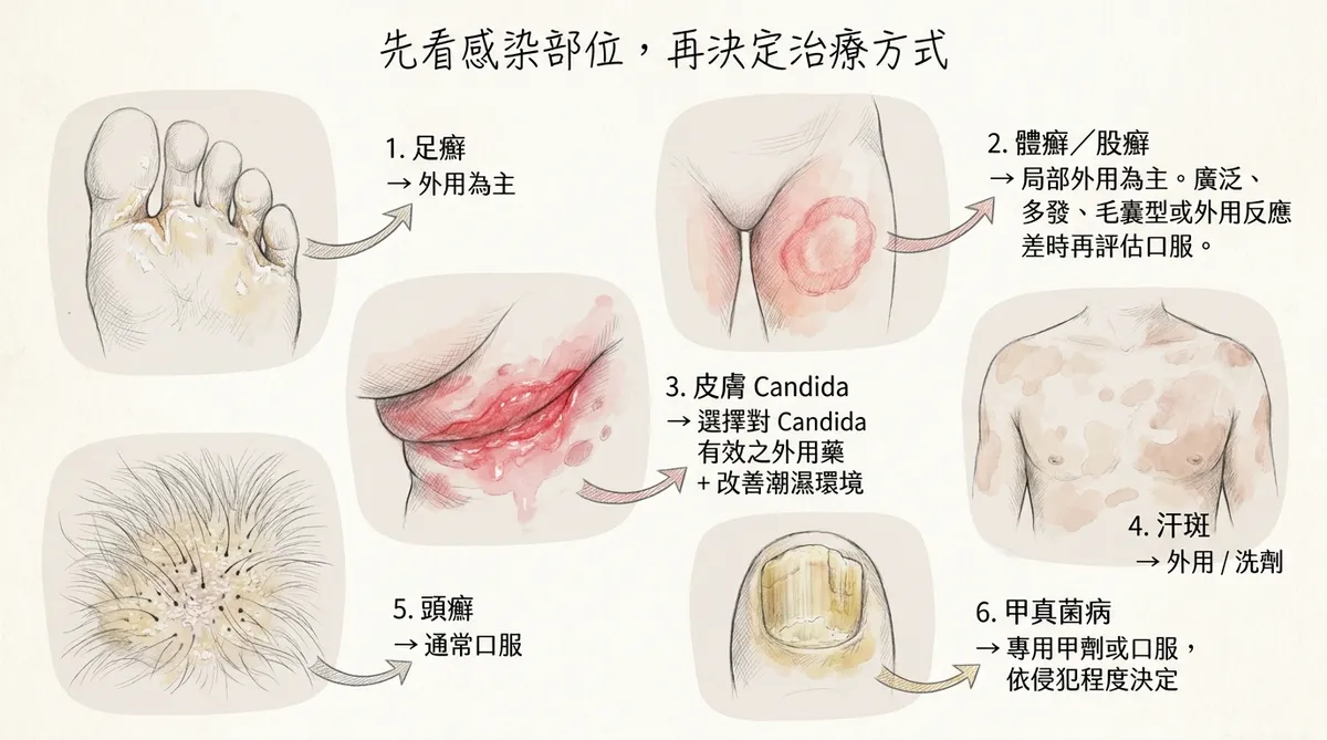 先看感染部位,再決定治療方式:足癬、體股癬、念珠菌、汗斑、頭癬與甲真菌病分流示意圖