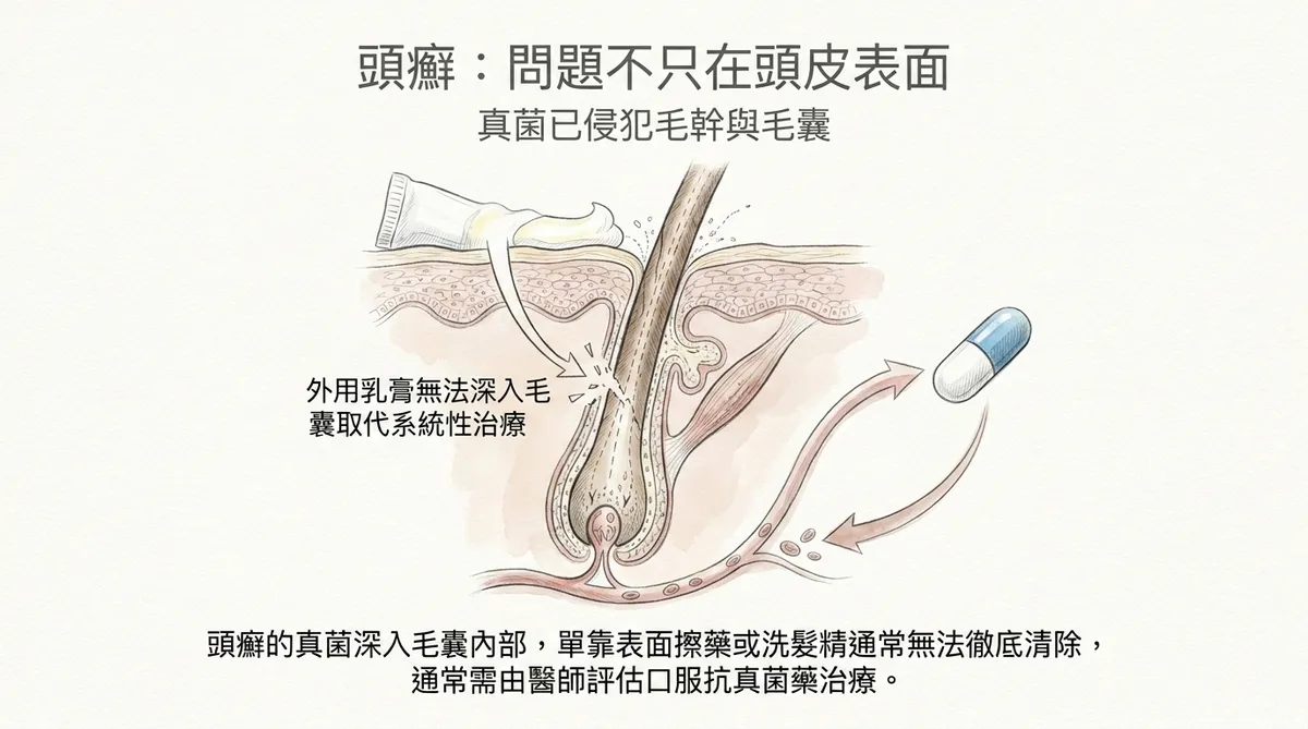 頭癬問題不只在頭皮表面:真菌已侵犯毛幹與毛囊深處,外用乳膏無法深入毛囊圖解