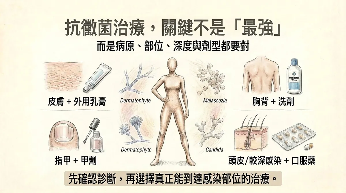 抗黴菌治療關鍵不是最強而是病原部位深度與劑型都要對總覽圖