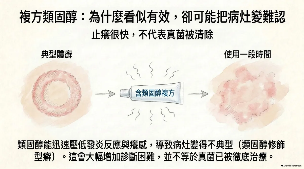 複方類固醇為什麼看似有效卻可能把病灶變難認:止癢很快不代表真菌被清除,類固醇修飾型癬形成機轉圖解