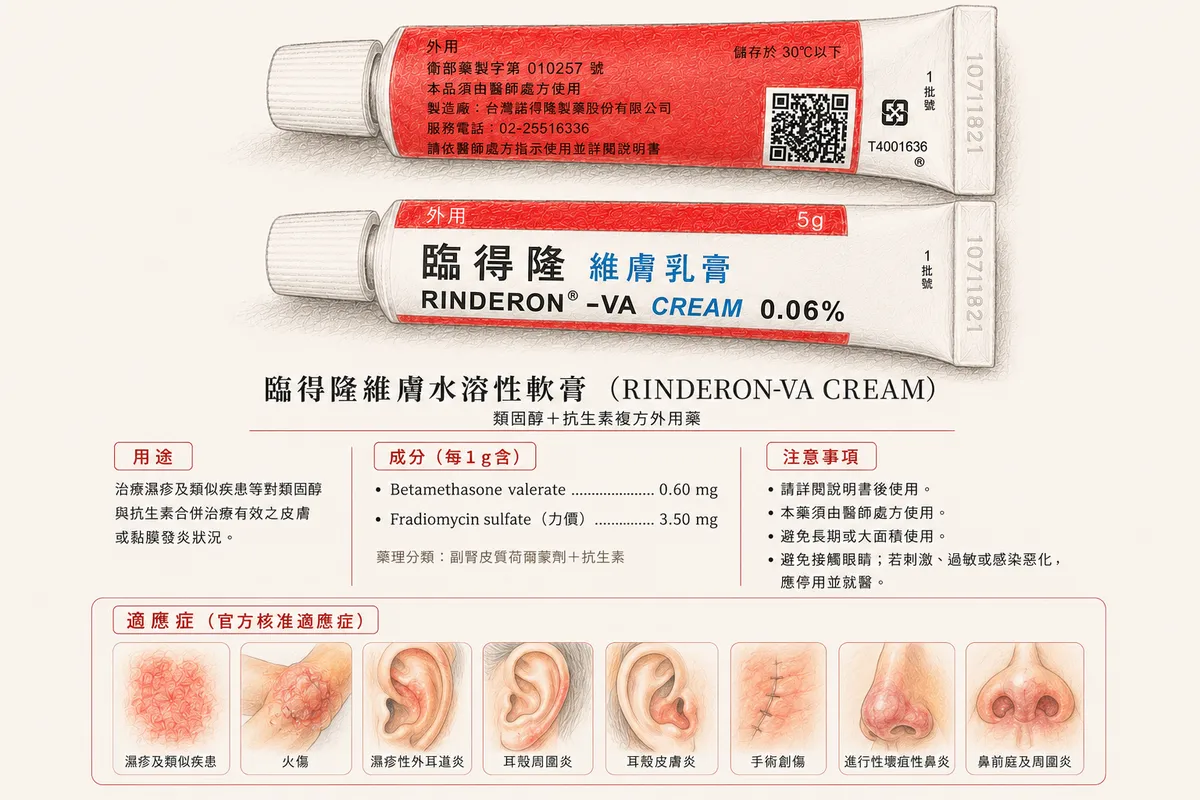 臨得隆維膚水溶性軟膏Rinderon-VA成分、用途、注意事項與適應症對照圖