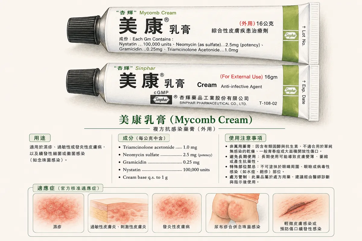 美康乳膏成分、用途、注意事項與適應症對照圖:四成分抗感染複方,主要針對念珠菌與細菌感染