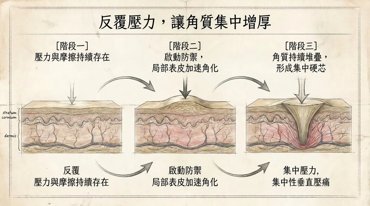 為什麼踩踏雞眼時會有如踩到小石子般的刺痛感:硬雞眼圓錐狀角質核心垂直向下傳遞力量壓迫神經末梢剖面圖