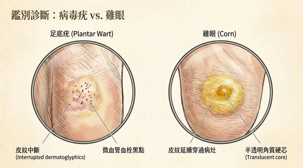鑑別診斷:病毒疣 vs. 雞眼 - 足底疣(皮紋中斷、微血管血栓黑點)與雞眼(皮紋延續、半透明角質硬芯)對照圖