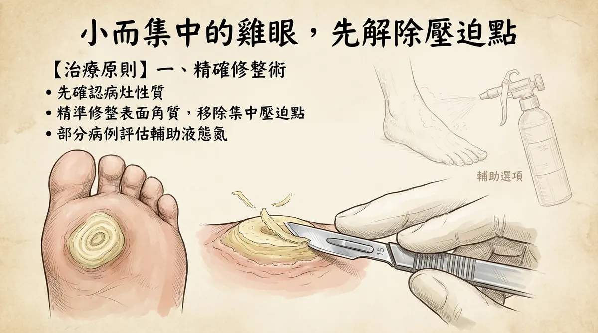 小而集中的雞眼,先解除壓迫點:精準修整表面角質、移除集中壓迫點與輔助液態氮處置說明圖